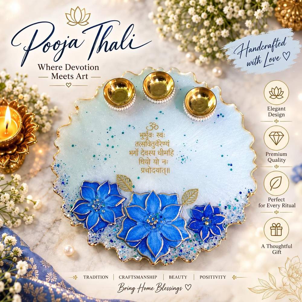 Blue Premium Pooja Thali with Diyas - રેઝિન આર્ટ in અમદાવાદ