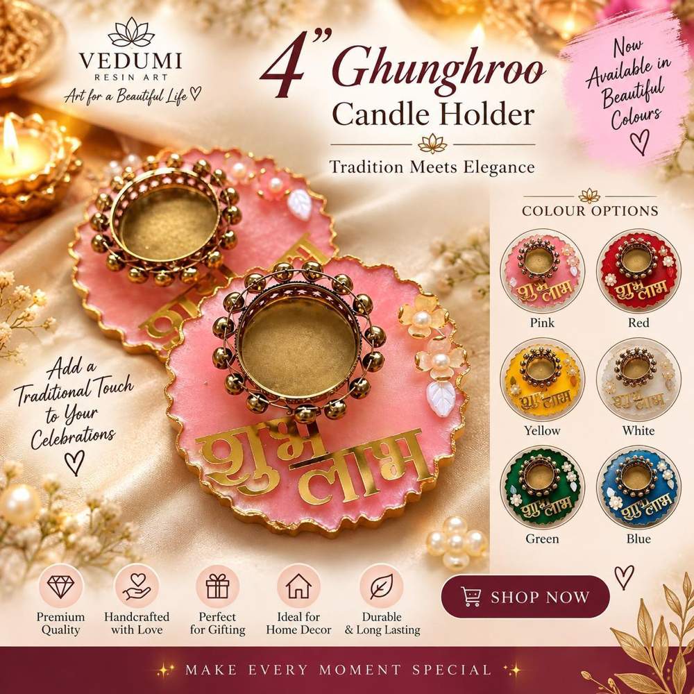 4" Ghunghroo Shubh Labh Candle Holder - Resin Art in Ahmedabad