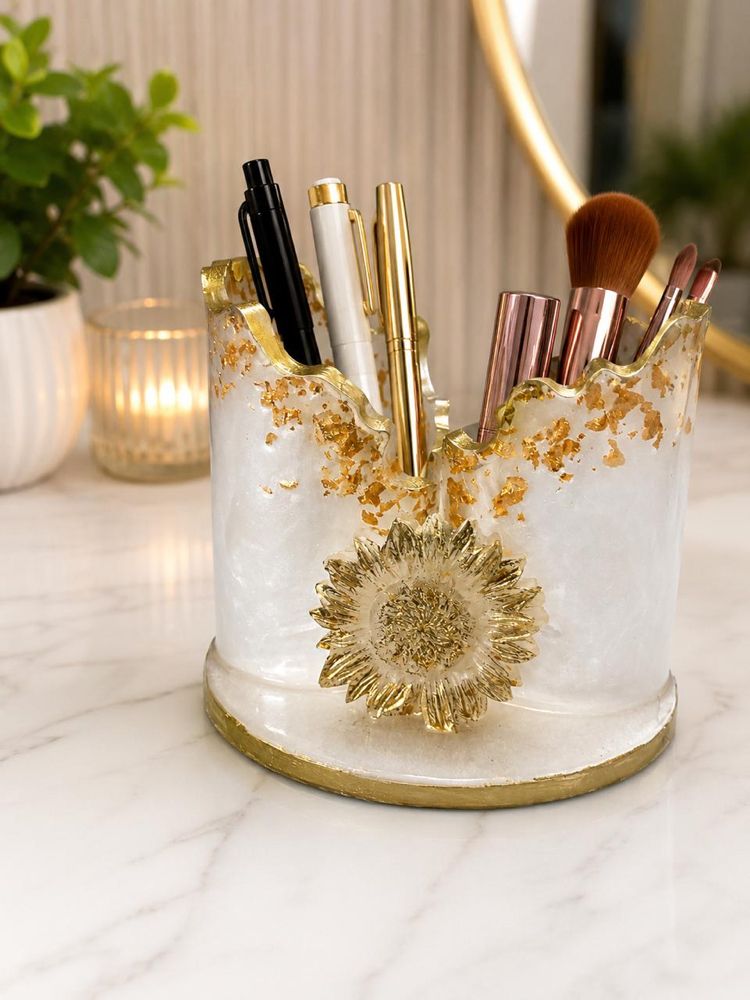 Golden Sunflower Resin Pen & Brush Holder — Diwali Gift Hamper - Resin Art in Ahmedabad