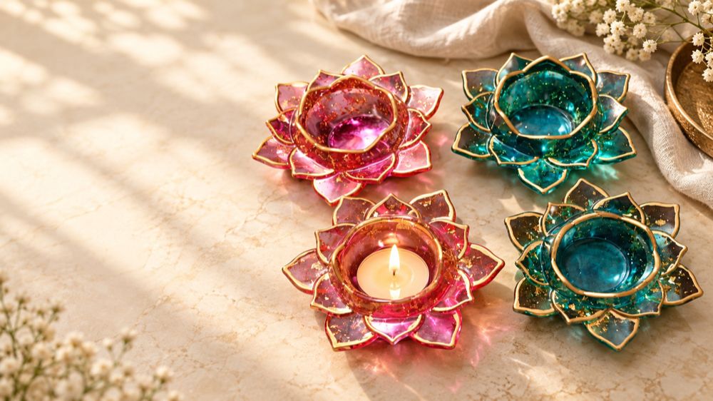 Lotus Resin Tea Light Diya Stand - Resin Art in Ahmedabad