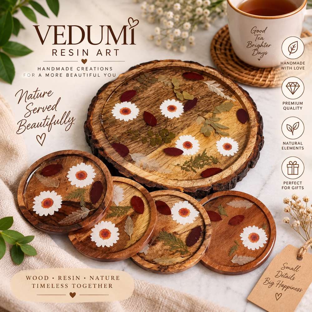 Pressed Flower Wood & Resin Coaster + Tray Set - Resin Art in Ahmedabad