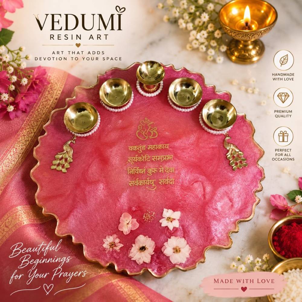 Royal Pink Pooja Thali with Peacock Diyas - Resin Art in Ahmedabad