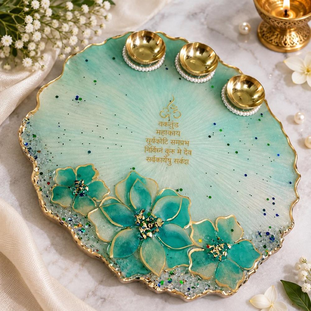Peacock Teal Pooja Thali with Diyas - Resin Art in Ahmedabad